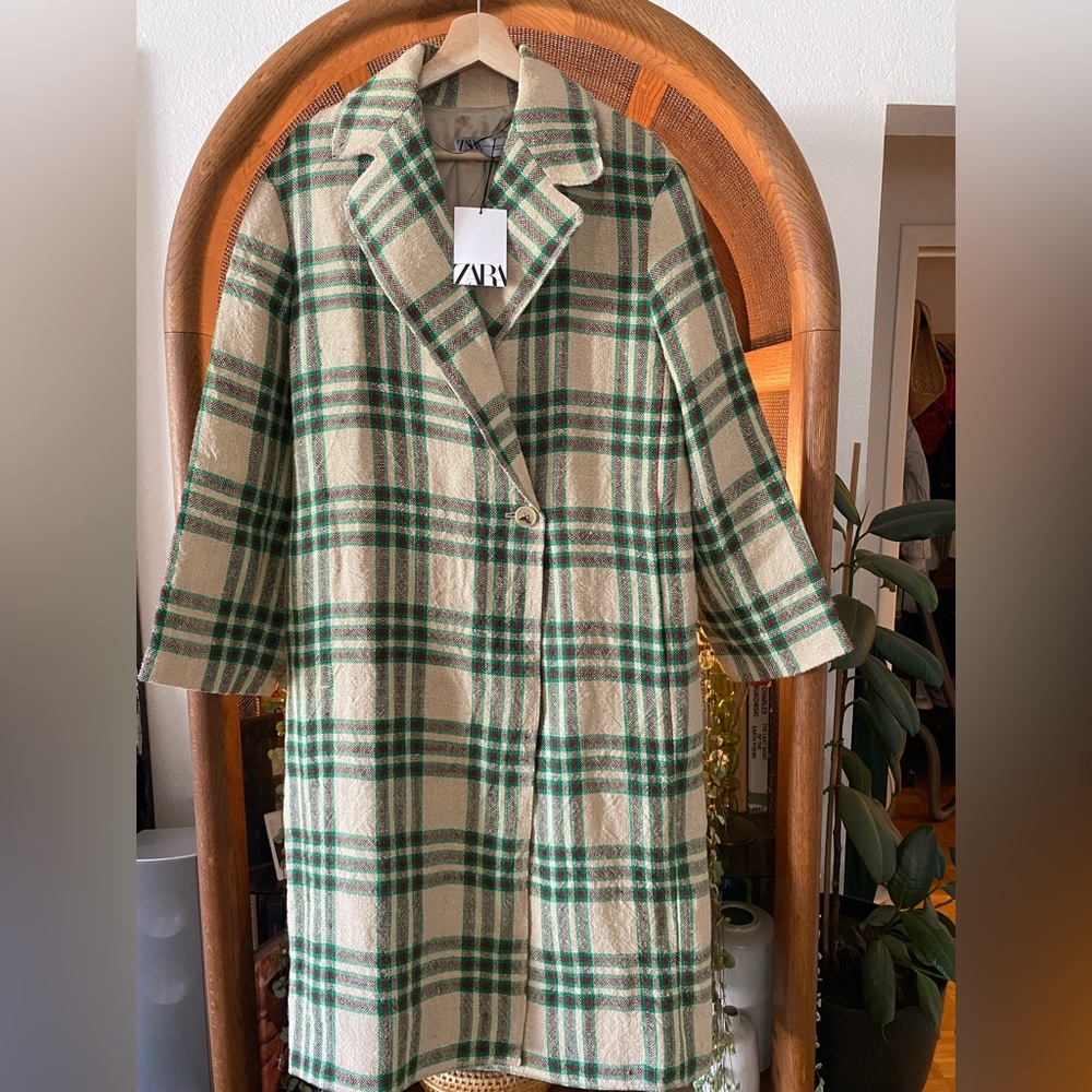 ZARA Limited edition Oversized plaid coat 100% jute XS/Small tan green color